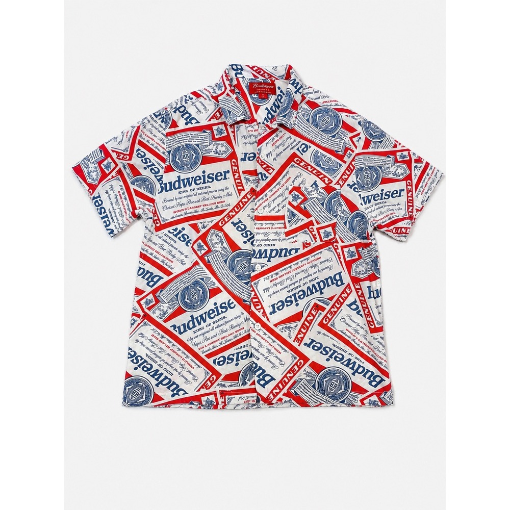 PacSun Budweiser Beer Label All Over Print Rayon Button Up Shirt Mens Medium